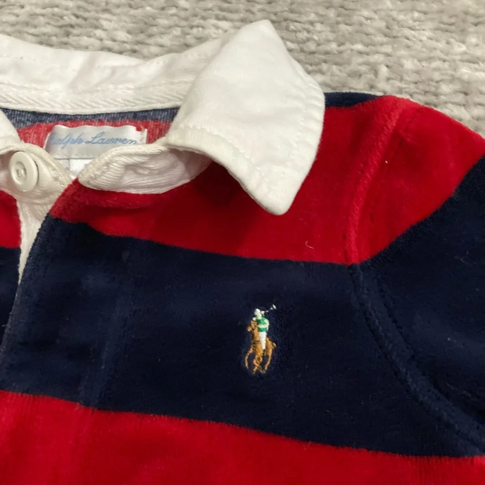 Ralph Lauren‎ Baby Rugby Stripe Velour Footed One Piece 9M Red Navy Classic